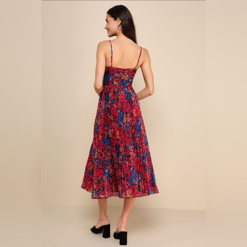 Lulu's Red Floral Pleated Midi Dress with Blue Accents - Picture 3 of 5